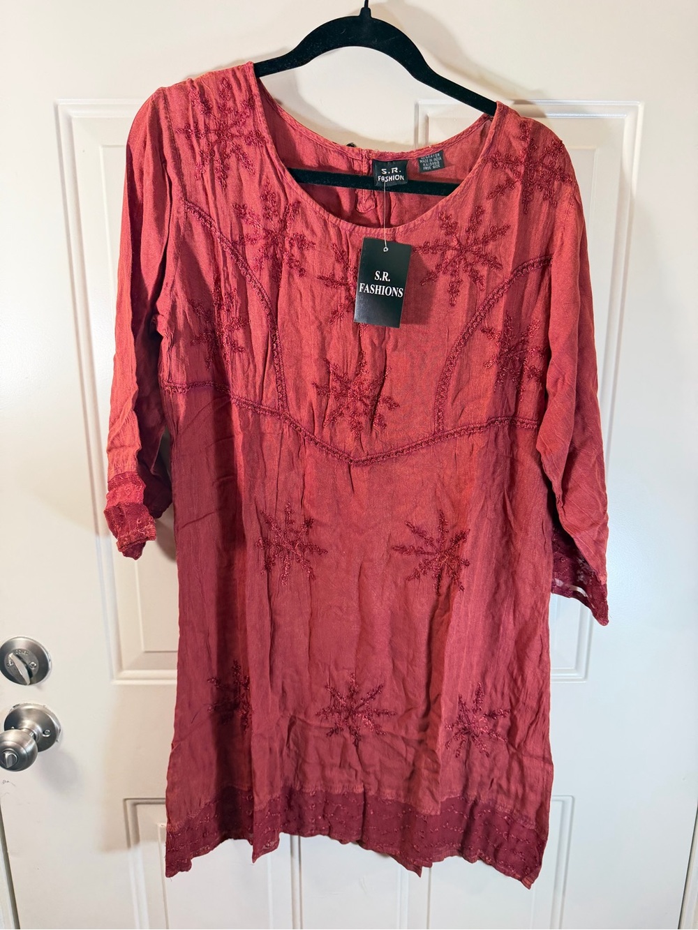 S.R. Fashion Rust Red Embroidered Boho Maxi Dress Free Size